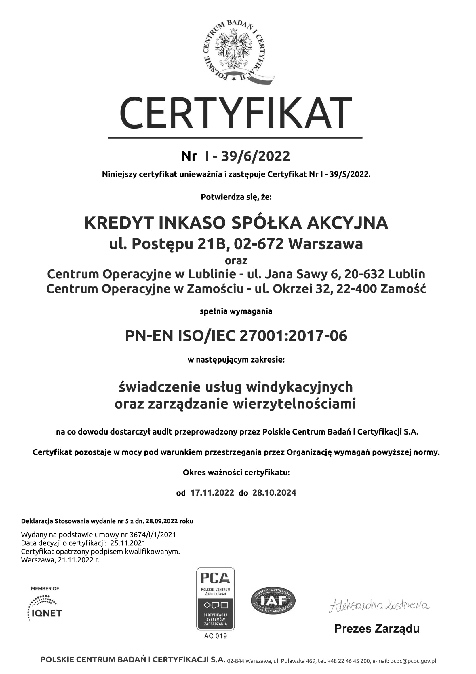 Kredyt Inkaso - certyfikat